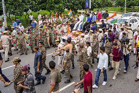 Wrestler Vinesh Phogat with Bajrang Punia, Sakshi Malik and Deepender Singh Hooda on her way to Haryana's Charkhi Dadri